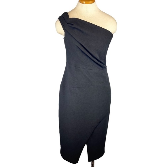Black Halo Dresses & Skirts - Black Halo Carys Asymetrical One Shoulder Sheath Midi Dress In Black Size 10